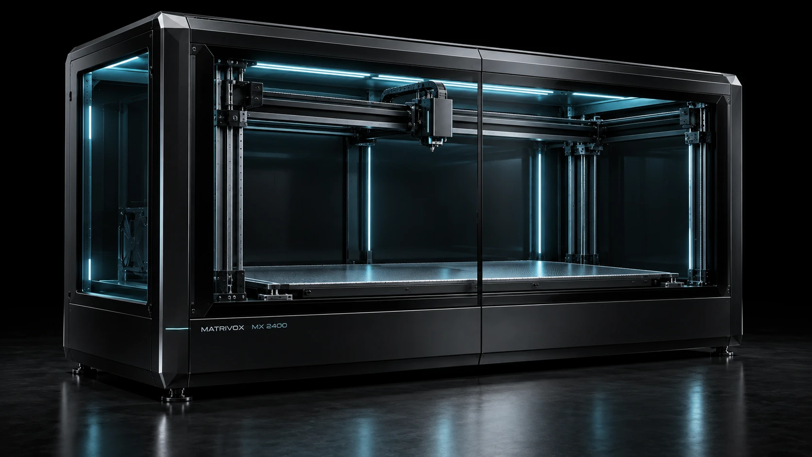 Design conceitual MX 2400 — volume útil de 2.400 × 1.100 × 1.100 mm